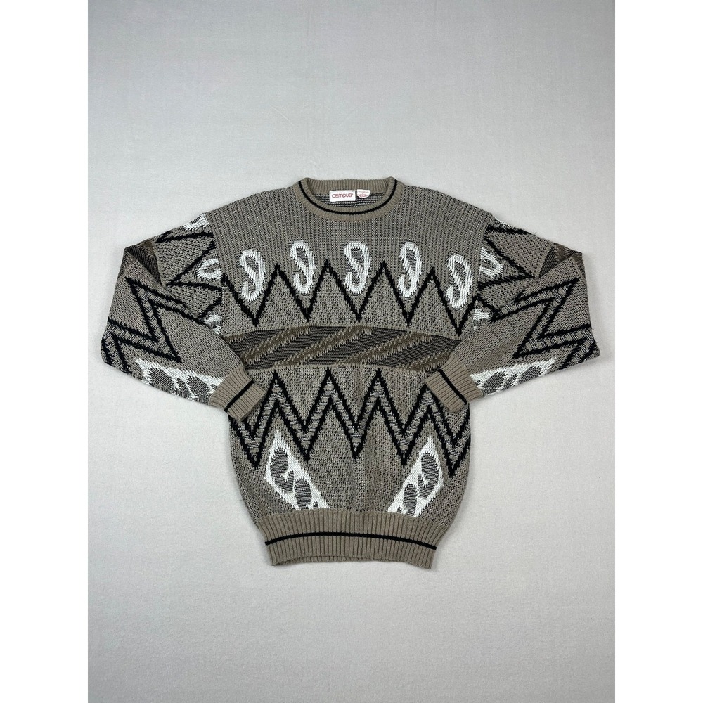 Vintage Campus Sweater Mens L Brown Geometric Abstract Pattern Crew Neck 90s